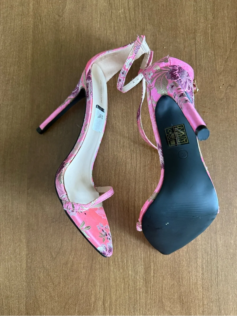 PrettyLittleThing Pink Floral Pointed Toe Ankle-Strap Heels